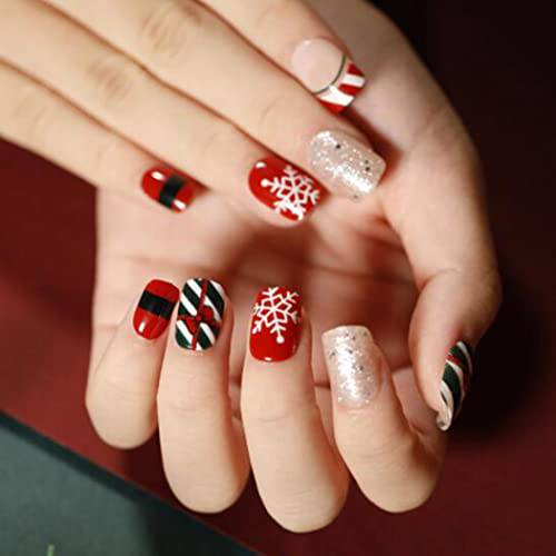 Aksod Christmas Fake Nails Glossy Red Press on Nails Short Square Snowflake Cute Full Cover Artificial False Nails Tips for Women and Girls24Pcs (Style B)