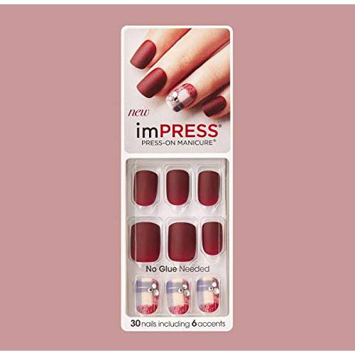 Impress by Kiss (1) Pack Press-On Gel Manicure 30 False Nails including Accents - Matte Dark Red Nails and Matte Red, White & Blue Plaid with Clear Faux Rhinestones - Boogie Down 76000