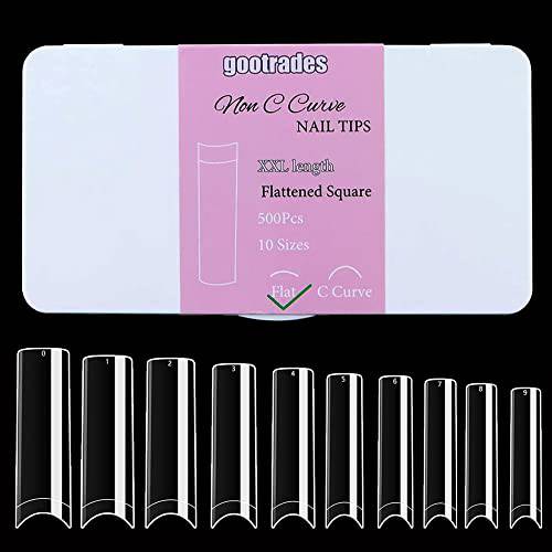 gootrades Flattened No C Curve XXL Square Nail Tips,500 Pcs Clear Half Cover Tapered Square Straight Nail Tips Flat for Acrylic Nails Salons and DIY with a Box(10 Sizes)