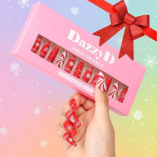 DazzyD Christmas Red Press on Nails with Design (24 Pcs) No Glue Needed, Reusable Matte Finish Square Cute Christmas Snowflake Stick on Nails, Christmas Gift Nails for Holiday
