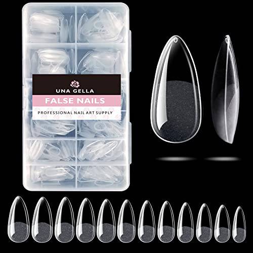 UNA GELLA Almond Fake Nails 500pcs Almond Press on Nails Pre-shape Almond Gel Nail Tips for Full Cover Acrylic Almond Nails French False Nails For Nail Extension Nail Art, Home DIY Nail Salon 12 Sizes False Gelly Tips