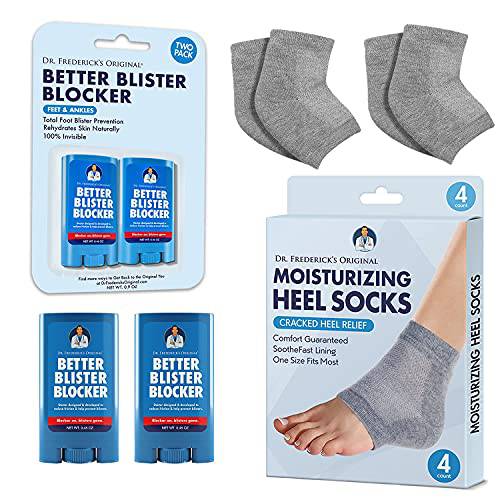 Dr. Frederick’s Original Heel Helper Bundle - Moisturizing Heel Socks for Cracked Heels - 2 Pairs - PLUS Better Blister Blocker - Anti Chafing Stick - Stop Dry Heels and Banish Blisters and Cracking