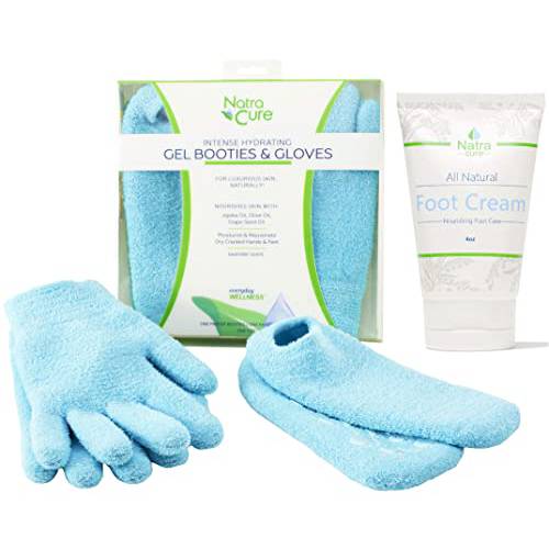 NatraCure Moisturizing Gel Gloves and Socks Gift Set (Color: Aqua) with NatraCure Foot Cream and Lotion Bundle