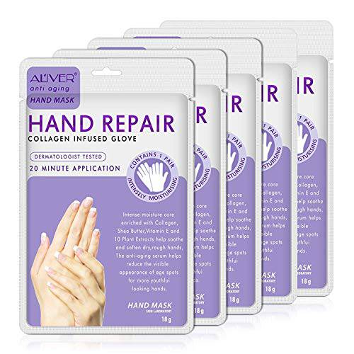 Moulis 5 Pairs Hands Moisturizing Gloves Hand Skin Repair Renew Mask Infused Collagen, Intensive Repairing Hand Masks, Vitamins + Natural Plant Extracts Dry, Aging, Cracked Hands, 5 Count (Pack of 1)