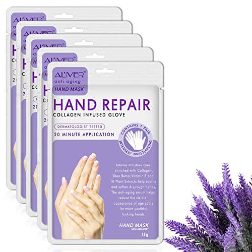 Hand Peel Mask, 5 Pairs Hands Moisturizing Gloves, Hand Skin Repair Renew Mask Infused Collagen, Vitamins + Natural Plant Extracts, Hand Cream Mask for Remove Dead Skin, Rough Skin (Lavender)