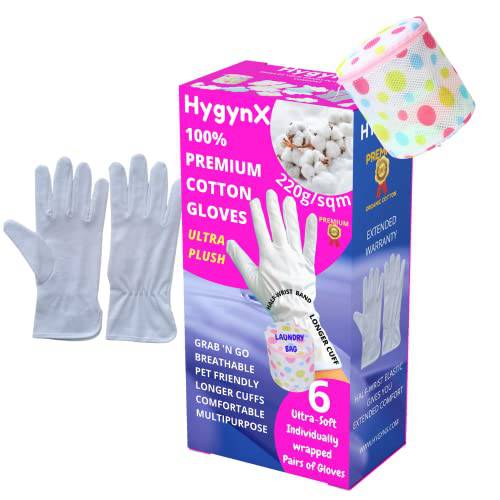 6 Pairs Moisturizing Gloves for Dry Hands, Eczema, Sensitive Hands, Ultra Plush Premium 100% Cotton Gloves, Inspection Gloves + Free Lotion Bottle (6 Pairs Moisturizing Gloves)