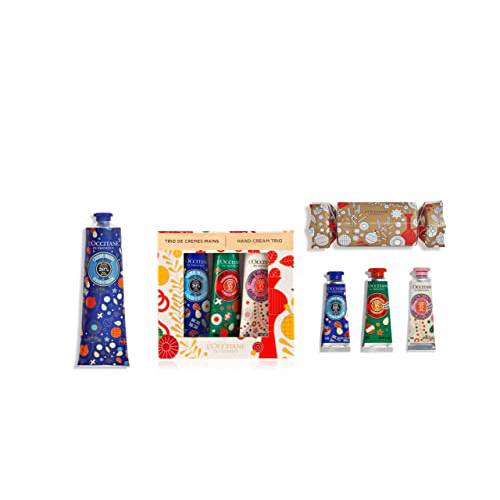 L’Occitane Holiday 3-piece Gift Set. The set Includes One Limited Edition Shea Hand Cream 2.5 Oz, One Hand Cream Trio Set 3 Oz, and One Hand Cream Trio Set packed in a Cracker 1 Oz.