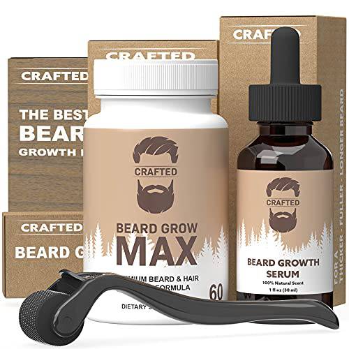 Crafted Beard Growth Kit - The Best Beard Growth Kit - Grow A Thicker Fuller Beard - Beard Growth Oil, Beard Roller, Beard Growth Vitamins (1 Month Kit)