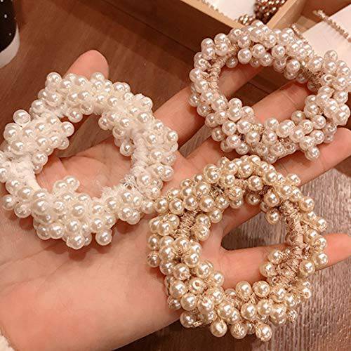 Brinie Pearl Hair Ties Champagne Elastic Hair Scrunchies Stretchy Hair Bands Bead Hair Ropes Hair Accessories for Women and Girls (Pack of 3) (set1)
