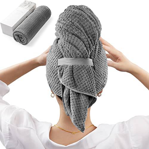 Large Microfiber Hair Towel Wrap for Women, Anti Frizz Hair Drying Towel with Elastic Strap, Fast Drying Hair Turbans for Wet Hair, Long, Thick, Curly Hair, Super Soft Hair Wrap Towels Dark Gray