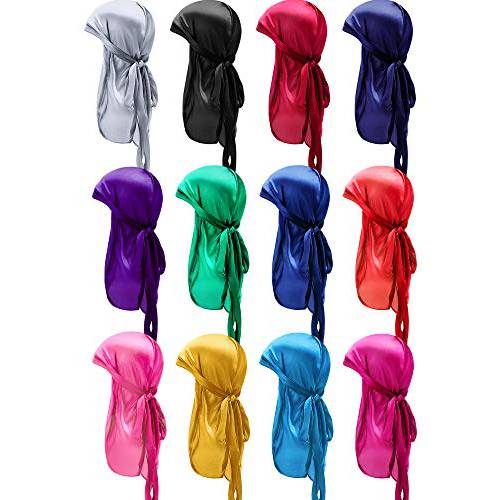 12 Pieces Silky Durag Caps Soft Long Tail Headscarf Elastic Wide Straps Headwraps for Women Men Favors, 12 Colors