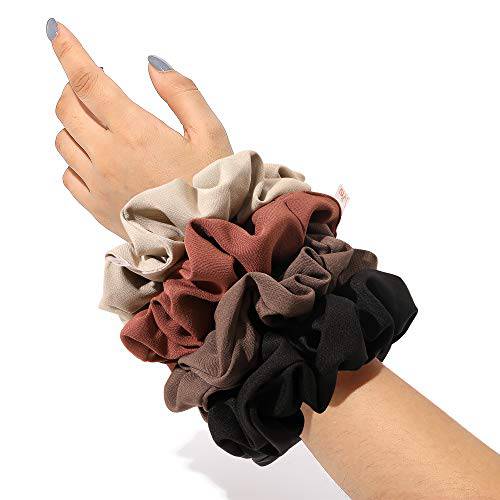 Scrunchies Hair Ties Big Large Scrunchie for Girls Women Thick Hair Cute Hairties Jumbo Scrunchy For Thick Curl Hair No Crease Hair Accessories Soft Ropes Ponytail Holder No Hurt Your Hair (Black Brown Beige Brick-red)
