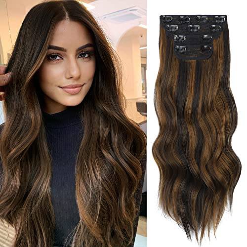 DeeThens Clip in Hair Extensions Highlights Brown Synthetic Wavy Clip Thick Extensions for Women Hair Extensions Hairpieces Wavy Hairpiece Invisible 4PCS (20 Inch)