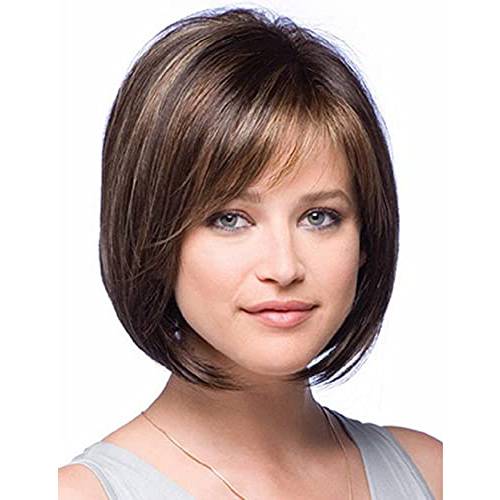 Short Brown Bob Wigs for White Women with Bangs Brown Mixed Blonde Highlights Cute Bob Layered Straight Synthetic Hair Replacement Wig for Daily Life