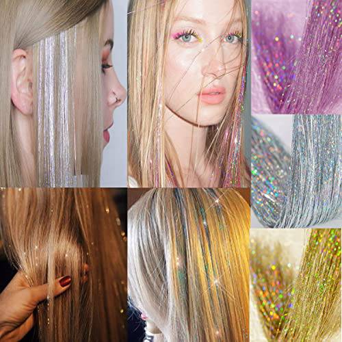 Glitter Hair Tinsel Kit with Tools Silver Gold Pink Colors 1500 Strands Fairy Hair Tinsel Extensions Heat Resistant Hair Tensile Party Hair Kit 48 Inch