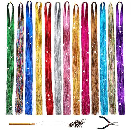 47 Inch Tinsel Hair Extensions with Tools, 13 Colors 2700 Strands Hair Tinsel Kit, Sparkly Glitter Tinsel Hair (47 inch-pack of 1, 13 colors)