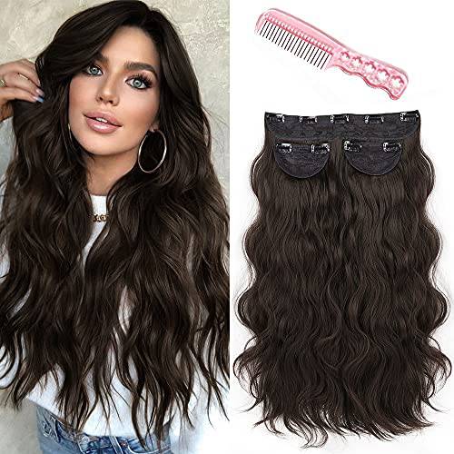 DeeThens Clip in Hair Extensions Long Dark Brown Hair Extensions for Women Wavy Synthetic Thick Hair Extensions Full Head Invisible 3pcs (Dark Brown)