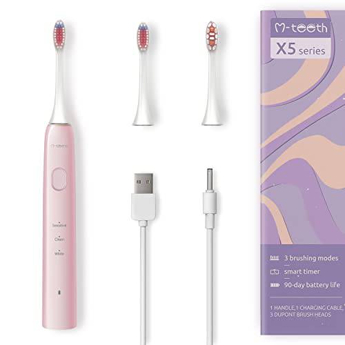 M-teeth X5 Series 90 Days Battery Life Electric Toothbrush Sonic Rechargeable,3 Modes 3 Brush Heads with Soft Bristles and Smart Timer, Dentist Recommended for Adults, Water Resistant, Purple