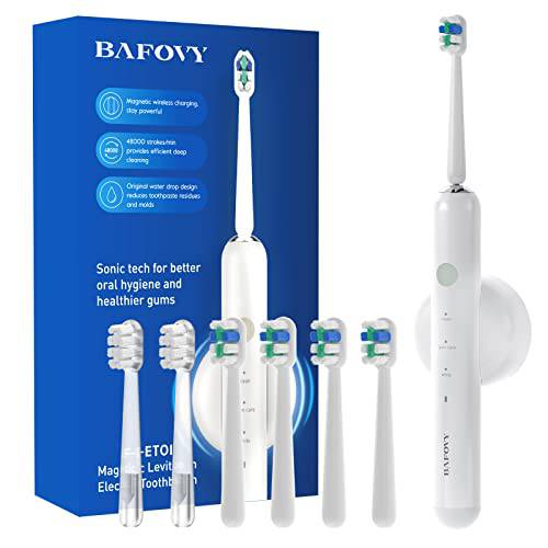 BAFOVY Sonic Electric Toothbrush for Adults, 48000 VPM Deep Cleaning Rechargeable Sonic Toothbrushes, Wall-Mounted Magnetic Wireless Charger, 6 Brush Heads, 3 Modes & Smart Timer (White)