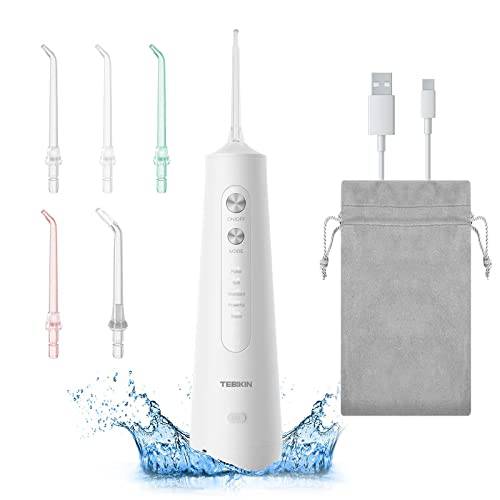 TEBIKIN Cordless Water Flosser, Portable Water Teeth Pik, Rechargeable Dental Flosser for Teeth and Braces, Travel Nozzle Storage, 5 Modes 5 Tips IPX7