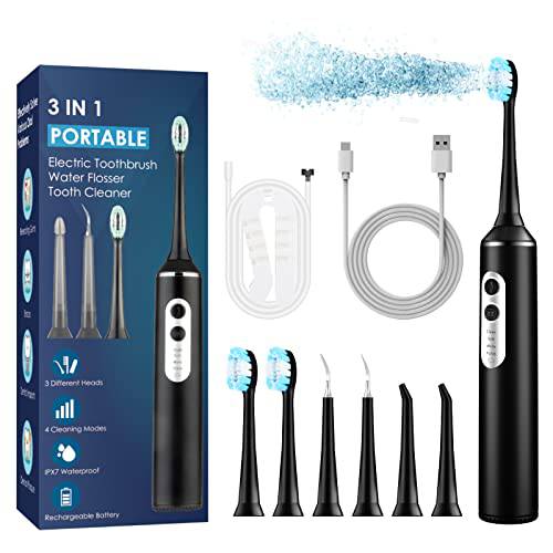 Water Dental Flosser with Electric Toothbrush Combo, 3 in 1 Ultrasonic Toothbrush & Dental Oral Irrigator & Tooth Cleaner with 4 Modes, One Switch from Sonic Brushing to Water Flossing for Home Travel
