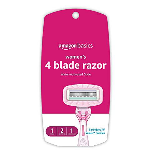 Amazon Basics Women’s 4 Blade FITS Razor for Women, FITS Amazon Basics FITS Handle and Venus Handles, Moisturizing Surround, Includes 1 FITS Handle, 2 Cartridges & 1 Shower Hanger