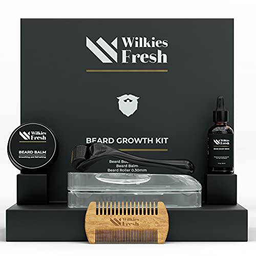 Beard Growth Kit with Microneedling Derma Roller (0.25mm), Beard Growth Serum, Beard Balm, Hair & Beard Wooden Comb - 1 Month Supply - Gifts for Men, Him, Dad, Boyfriend, Husband, Friend