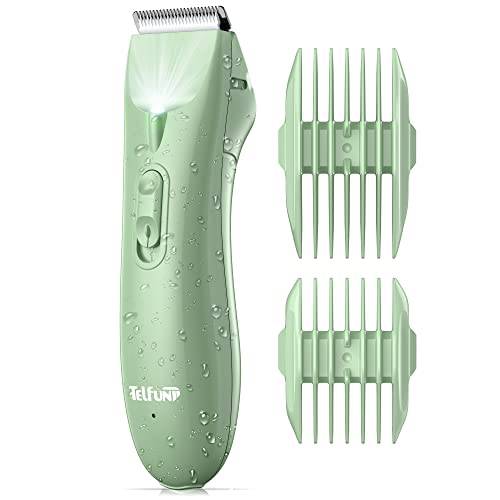 Telfun Groin & Body Hair Trimmer, Electric Ball Trimmer / Shaver for Men / Women, with Light, Replaceable Ceramic Blade Heads, Waterproof Wet / Dry Body Groomer, Ultimate Male Hygiene Razor (Green)