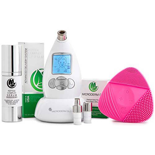 Microderm GLO Complete Skincare Package Includes Diamond Microdermabrasion System, Premium, Fine, Massage Tips, 10mm Filters 100 pack, Peptide Complex Serum & Sonic Facial Cleansing Brush (White)