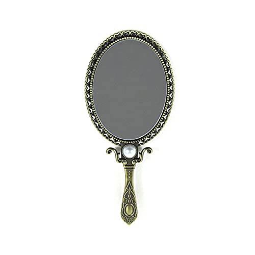 SEHAMANO Vintage Double Sided Handheld Makeup Metal Mirror / Decorated with Pearl / Folding Handle / Portable and Durable Hand Mirror (Matt Gold (Brass))