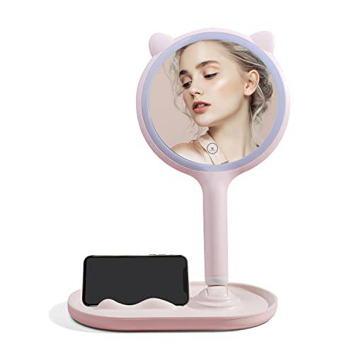 ADKO Makeup Mirror with LED Lights & 5X Magnifying Desk Mirror Handle Mirror with Double-Side 3-Color Electrodeless Dimming Lighted Phone Holder Travel Mirror Table Round Vanity&Cute Mirror for Girls
