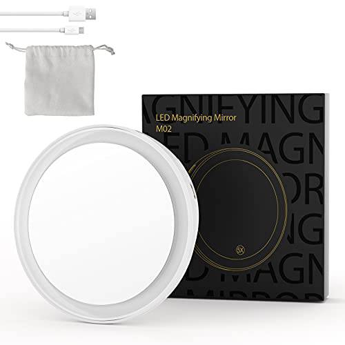 SHEGINEL 5X Magnifying Mirror with Light, Lighted Magnifying Mirror Suction Cup, Dimmable, Rechargeable, Portable Travel Magnifying Makeup Mirror with Light, for Vanity Mirror, Traveling (3.54 Inch)