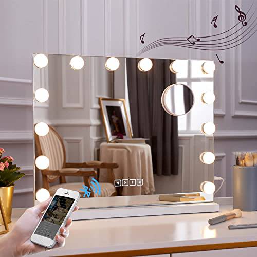 Bluetooth Makeup Vanity-Mirror With Lights - Hollywood Mirror With LED Bulbs, Wall-Mounted Or Tabletop With Cloakroom & Powder room, USB charge port, Ultra-thin metal frame design,10x magnifying glass