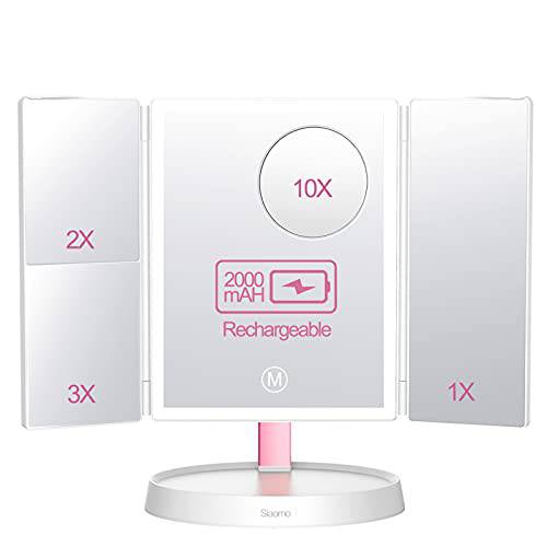 Siaomo Makeup Mirror with Lights - Rechargeable Lighted Trifold Vanity Makeup Mirror with 1X/2X/3X/10X Magnifying, Smart Touch Control,Travel Mirror