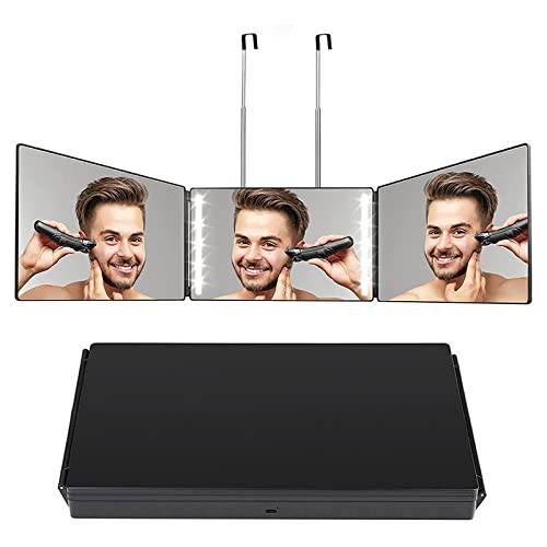 Kahool Rechargeable 3 Way Mirror for Self Hair Cutting for Men, 360 Trifold Barber Mirror with LED Light, 3 Sided Height Adjustable Mirror with Telescoping Hooks for Barber Accessories Supplies