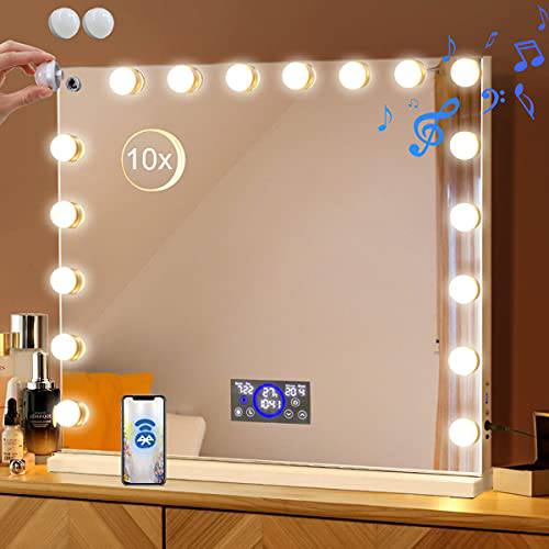 Fenair Hollywood Mirror with Lights, Large Vanity Mirror with Lights and Bluetooth, 18 Dimmable LED Bulbs with LCD Sreen, Adjustable Brightness, USB Port