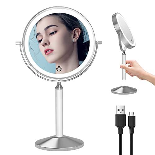 Lighted Makeup Mirror with Magnification, 1X 10X Magnifying Mirror with Light, 8’’ HD Double Sided Tabletop Vanity Mirror, Rechargeable 3 Color LED Dimmable Desk Lit Cosmetic Mirror, Girl Women Gifts