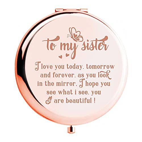 WHING to My Sister Travel Makeup Mirror, Personalized Compact Engraved Pocket Mirror for Best Friends, Sister Birthday