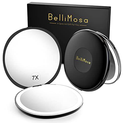 Bellimosa Portable Lighted Makeup Mirror, 1X/7X Magnification, Compact Magnifying Makeup Mirror with Daylight LED Ring Light, Lightweight, Dimmable, Rechargeable, and Perfect for Travel (Black)