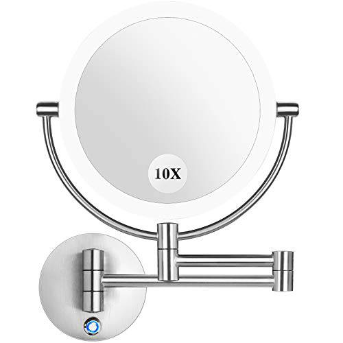 Pansonite LED Wall Mount Makeup Mirror with 10x Magnification, 8.5’’ Double Sided 360° Swivel Vanity Mirror with 13.7 Extension and Adjustable Light for Bathroom & Bedroom,2020 Model