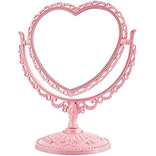 Jetec Heart Shaped Cosmetic Mirror Double Sided Dresser Mirror Removable Makeup Mirror Tabletop Vanity Rotatable Beauty Mirror for Dressing Bathroom Bedroom (Pink)