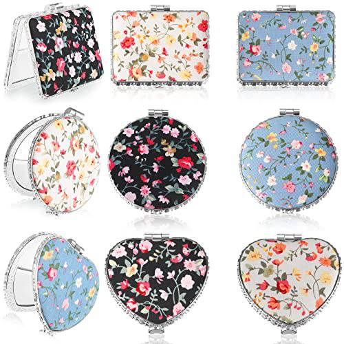 9 Pcs Retro Compact Mirrors Portable Compact Travel Mirror Flowers Folding Mirrors Vintage Purse Mirrors Floral Pocket Mirror for Women Girls Beauty, Round, Square, Heart (Silver Edge,Flower Pattern)