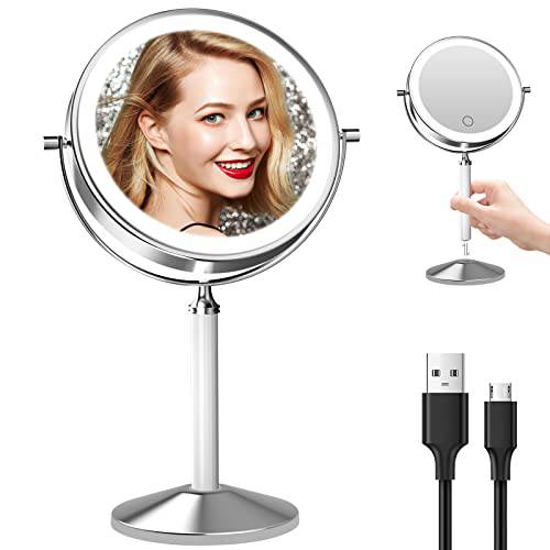 Lighted Makeup Mirror with Magnification, 8 inch 1X 10X Magnifying Mirror with Light, Rechargeable 2-Sided Tabletop Vanity Mirror, 3 Color LED Dimmable Lit Cosmetic Mirror，360 Degree Adjustable