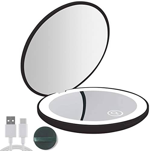 Kilobey Compact Mirror with Light, LED Lighted Travel Makeup Mirror 1x/10x Magnifying Mirror Rechargeable Portable Pocket Mirror 3.5in Double Sided Folding Round Mirror for Handbag, Purse