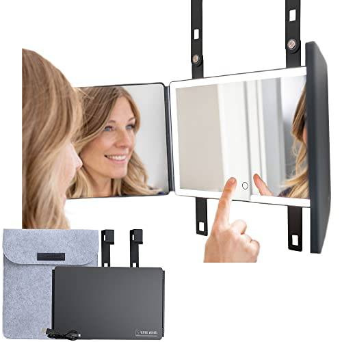 Verivue 3 Way LED Self Haircut Mirror, Lighted Trifold 360 Mirror for Cutting/Styling Hair, Shaving, Makeup, Real Glass, Includes Adjustable Height Over The Door Brackets, Travel Bag, Tabletop Stands