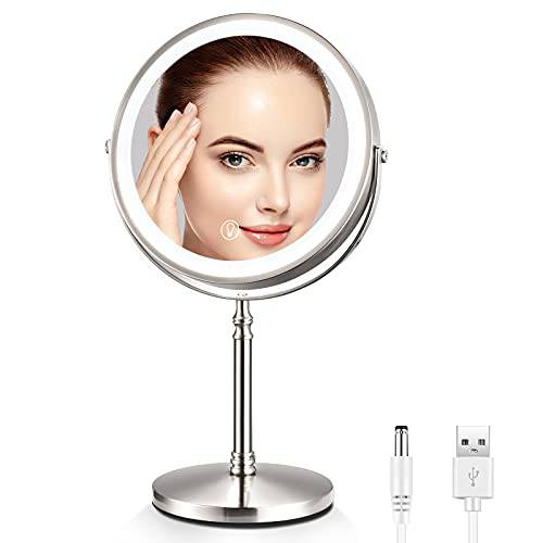 IBRIGHTSO Lighted Makeup Mirror 10X Magnification, 8 Inch Double Sided Makeup Vanity Mirror with 3 Color LED Lights Modes, Rechargeable Battery Operated, Touch Sensor Dimmable, Brushed Nickel