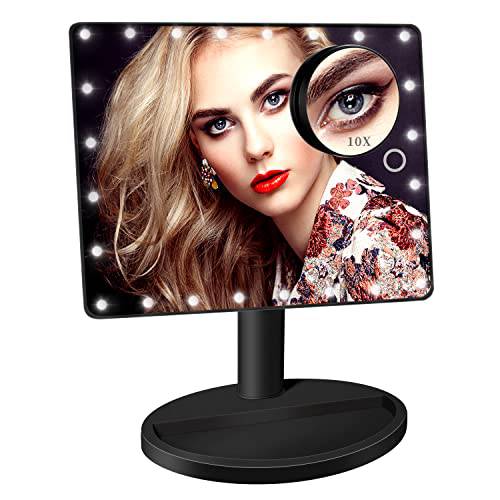 12 Large Makeup Mirror with Lights and 10X Magnification Small Mirror, Touch Adjustable Brightness LED Desk Make Up Mirror Dual Power, 360°Rotation Tabletop Lighted Vanity Mirror with Stand( Black)