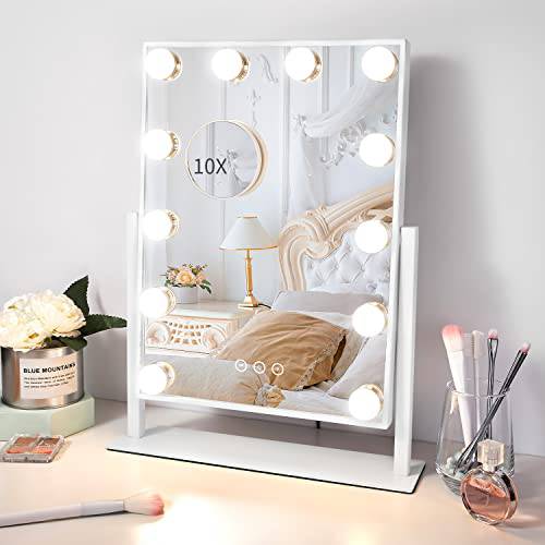 Kotdning Large Vanity Mirror with Lights, Hollywood Lighted Makeup Mirror with 12 Dimmable LED Bulbs for Dressing Room & Bedroom, Detachable 10x Magnification 360°Ratation