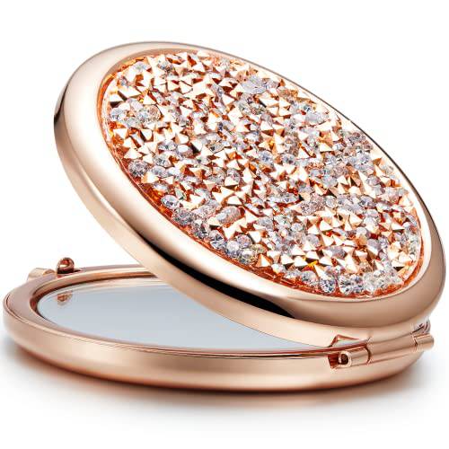 OMIRO Compact Mirror, Mini Mix Diamond 1X/2X Magnifying Round Metal Pocket Makeup Mirror (Rose Gold)