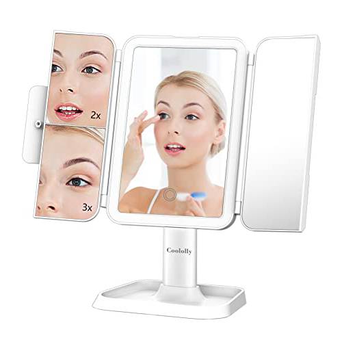 coololly Makeup Mirror with Lights, 1x/2x/3x Magnification 72 LED Trifold Lighted Mirror 3 Colors Lighting Modes, USB Power Supply Portable Trifold Cosmetic Mirror